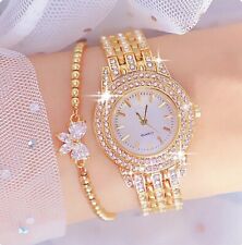 2Tlg. Damen-Luxus-Uhr-Set, Armband mit Kubik Zirkonia Schleife Goldfarben