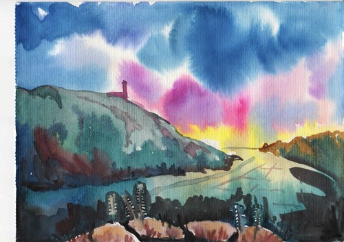 Original aquarell burg - aquarell, teck