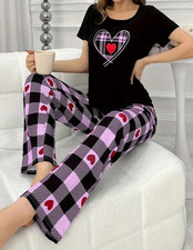 ? Damen Pyjama-Set – Stylisches Herz-Design & Karierte Hose, L (40/42)