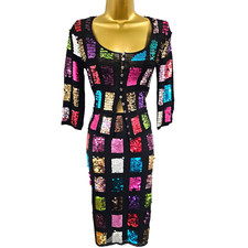 UK 10 Karen Millen Vintage schwarz Pailletten Netz Bleistiftrock & Häkel Cardigan Set