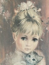 Vintage Innocence Girl & Kitten Druck Kitsch gerahmt Mojer Leinwand Tretchikoff Ära