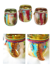 *Summer*Tropical*Teelicht*Glas Windlicht*CUBA*bunt&Federn*Perlen*Bändern*13cm