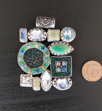 Großer Vintage-Anhänger für Ketten * Strass Emaille * Farbe: Türkis Silber
