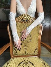 Neu Lange Brauthandschuhe Spitze mit Perlen Glasperlen   S / M  ivory