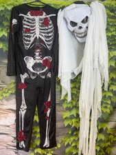 Skelett-Overall + Deko-Kopf mit Umhang Gr. 140-146
