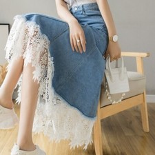 Damen Spitzenrand Jeansrock