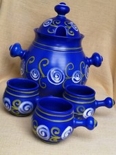 BOWLE/SAFT- SERVICE 7 teilig, blaue Keramik handbemalt, Fa. Staffel Limburg 