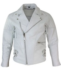 HERREN ECHT LAMMFELL LEDER BIKER JACKE RETRO MOTORRAD STYLE WEISS MANTEL
