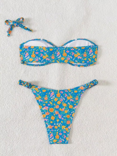 Bikini streifen blau geblümt - streifen,