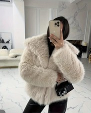 Women's Elegant White Faux Fur Coat - Short-Length Winter Jacket with V-Neck