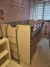 Kinderhochbett mit Leiter, Weiß, Rosa, Grau,  90x200 cm Holz,  Leiter aus Alu