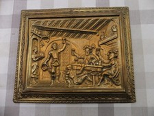 Antikes Relief Bild, Messing-Blech, ca. 1890 / 1900, Trinkszene