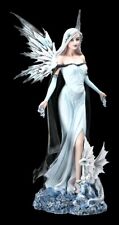 Elfen Figur - Winterkönigin mit Drache - Fantasy Winterelfe Fee Engel Dekostatue