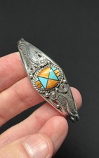 Sterling Silber Armreif mit Türkis & Koralle Inlay Navajo Zuni Indianerschmuck