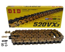 Kette DID 520VX3 offen, 108 Glieder gold für Motorrad, Schaltmoped mit Schloss