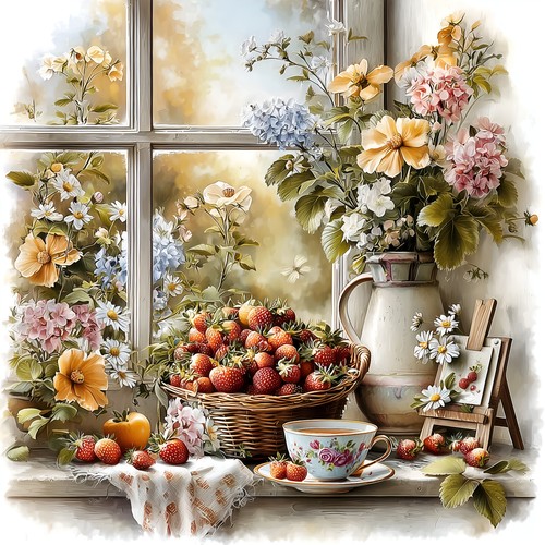 Wandbild erdbeeren blumen - wandbild,