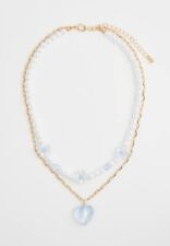 H&M Zweireihige Kette Choker Collier Statement Blumen Perlen Gold Blau Herz