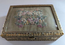 Jugendstil Schmuckkästchen antik Messing mit feiner Stickerei und Glasdeckel