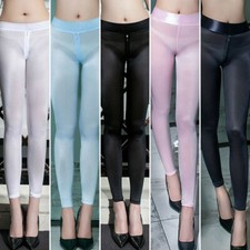 Damen Sheer Glänzend Transparent Yoga Hose Leggings Zipper Schritt offen Leggins