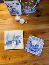 2 Delft  Fliesen Kacheln als Untersetzer antik Hollandmotiv Windmühle blau 