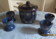 Butterdose Zuckerdose Deckeldose 14 cm u. 4 Eierbecher Bunzlau Bunzlauer Keramik