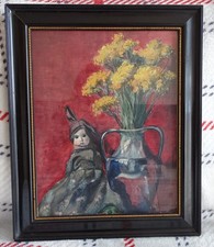 originales Aquarell von Ritta Boemm Stillleben mit Puppe hinter Glas