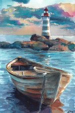 Leuchtturm mit seeboot