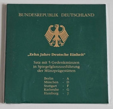BRD Gedenkmünzen 5 x 10 DM "Zehn Jahre Deutsche Einheit",925er, A-J, SP, Blister