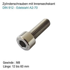 Zylinderschrauben M8 Edelstahl A2-70 DIN 912 mit Innensechskant Zylinderkopf