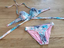 Hunkemöller bikini türkis rosa Blumen M 75C neckholder triangle Urlaub 