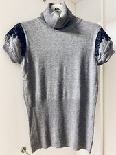 Schicker Stehkragen Pullover Gr. M L 38 40 Spitze Perlen Rolli kurzarm