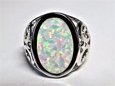 RING Edelstein  FEUER OPAL lab. WEIß 15mm oval 925 Sterling SILBER Gr. 19