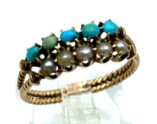 Antik 585 Gold Ring 5 Türkise + 5 Orientperlen um 1910 RG 54 Ø 17,2 mm apart