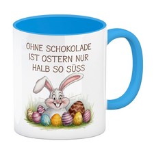 Fröhlicher Hase mit Ostereiern Kaffeebecher in hellblau -Ostern ohne Schokolade