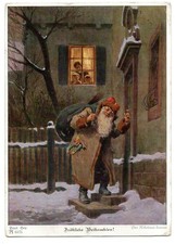 Alte AK Postkarte Paul Hey Der Nikolaus kommt Weihnachtsmann an der Tür... Rar!