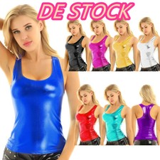 DE Damen Wetlook Tank Top Glanz Metallic Shirt Unterhemd Clubwear Rave Tanz Tops