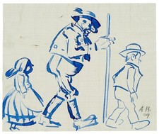 A. HEER (1867-1922), Drei Trachtenträger,  1909, Tusche Realismus Mode 1900-1924