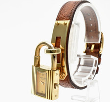 Vintage [EXC+5] Hermes Kelly Vorhängeschloss Gold Zifferblatt Braun Qz...