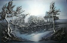 Bild-Haus im Mondschein,Blau-Silber-Schwarz,Häuser im Wald-Berg,Bäume 32 x 22 cm
