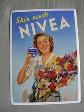 Blechschild Nivea Creme Skin needs Nivea Blumenmädchen Vintage Motiv 20,5 x 14,5