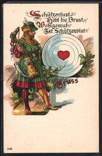 Lithographie Armbrustschütze, Zielscheibe mit Herz 