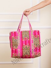 Rosa Tiger Beuteltasche Handtasche indische Baumwolle Siebdruck Einkaufstasch...