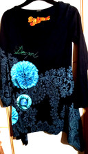 DESIGUAL Kleid/Tunika Langarm zipfelartig  schwarz + grün+ türkis-blau Gr. XS-S