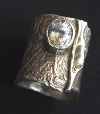 925er Silber Ring handgeschmiedet 12,6 Gramm mit Weiss-Topas Unikat Bandring 