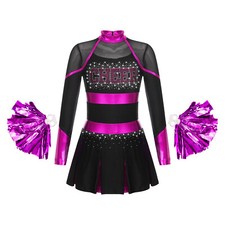 DE Mädchen Cheer Leader Kostüm Langarm Schulmädchen Uniform mit Pom Pom Karneval