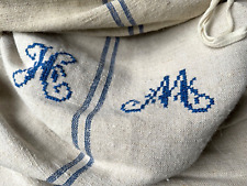 Alter handgewebter Leinen Sack blaue Mittelstreifen gesticktes Prunkmonogramm