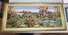 Altes Gesticktes Bild „Hirschjagd mit Hunden“ Handgestickte Mit Rahmen 110x52 cm