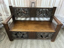 MASSIVE EICHE SITZBANK GEFERTIGT AUS ANTIKEN PANEELEN / TRUHE ELEMENTEN 18 JHDT