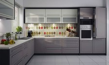 L-Form Küchenzeile KVANTUM Küche 256x385cm lava Front MDF vanille - dust grey