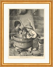 Wo ist der Fisch Kinder Holztrog Angel Klein Kaulbach Holzstich E 15682 Gerahmt